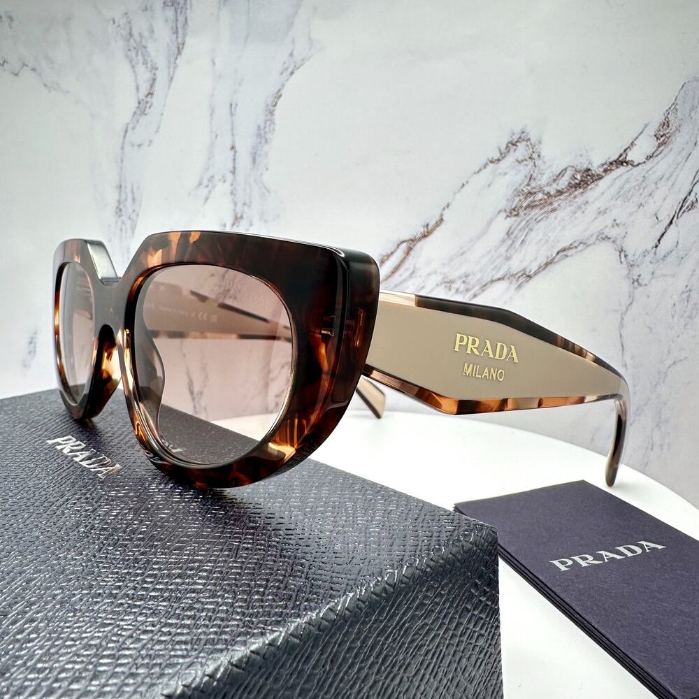 NEW PRADA Sunglasses Brown Tortoise Caramel Gold Symbole Oval Cat Eye Womens - Picture 13 of 16
